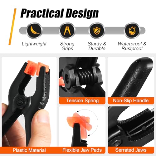 Image of RELBRO Spring Clamps, Assorted Sizes Plastic Clips for Woodworking Balloon Arch Backdrop Craft Projects, Heavy Duty, 6 Inch, 4.5 Inch, 3.5 Inch, Black, 10 Pcs