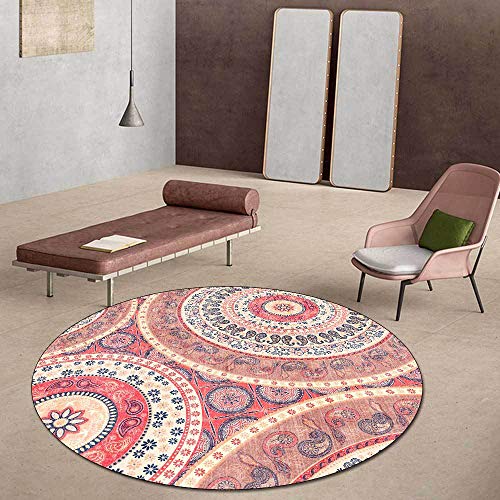 LONGSAO Alfombra De Salón Redonda Moderna ø 90 cm Alfombra Antideslizante Lavable Grande Alfombras Dormitorio Estilo étnico geométrico Azul