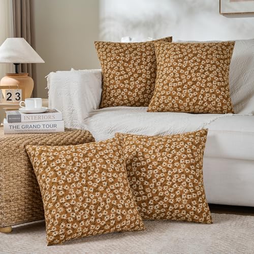Fancy Homi Set of 4 Mustard Yellow Floral Vintage Square Decorative Throw Pillow Covers 18x18 Inch for Couch Sofa Bed Living Room, Modern Farmhouse Bobo Fall Home Decor,Soft Cotton Linen Cushion Cover