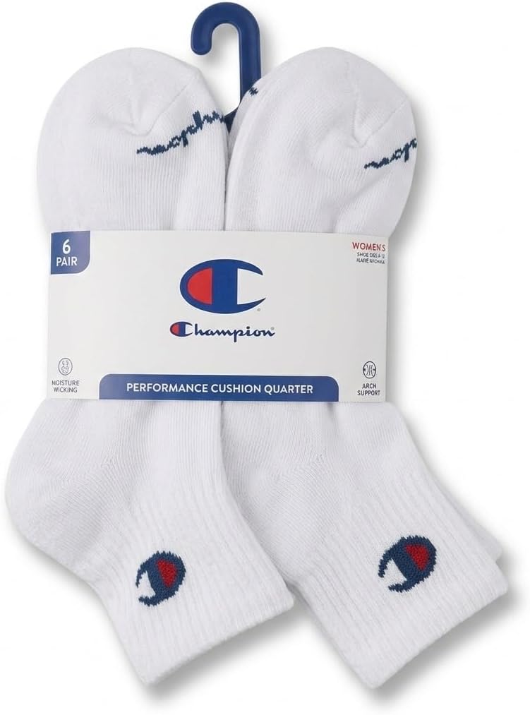 Champion Quarter Socks para mujer: paquete de 6 calcetines deportivos acolchados con soporte para el arco que absorbe la humedad (talla 5-9)