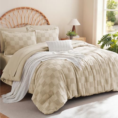 Image of MR&HM 7 Pieces Comforter Set Full, Checkered Boho Tufted Bed Set Linen