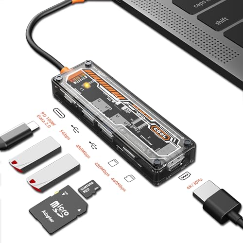 JIADAO 6-in-1 USB C Hub with 100W PD, 4K@60Hz HDMI, USB 3.0, SD/TF Card Reader - Transparent Multiport Adapter Compatible with MacBook Pro/Air, Dell, HP, Surface, Lenovo Laptops