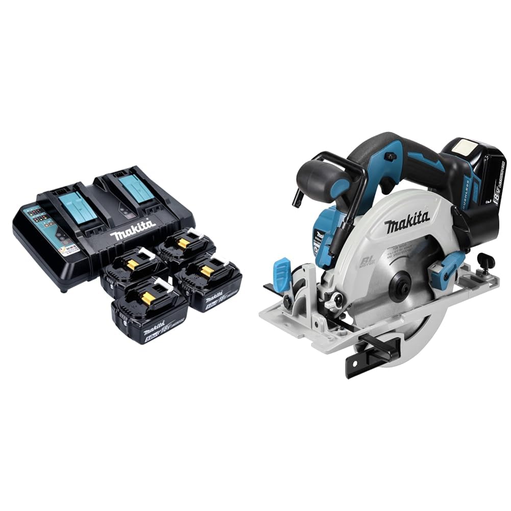 Kit Batteries MAKITA 18V 4 x 5,0 Ah Li-ION Battere et Un Chargeur Double 199483-0 & SCIE Circulaire MAKITA 18 V LI-ION Ø 165 MM (Machine Nue) - DHS680Z