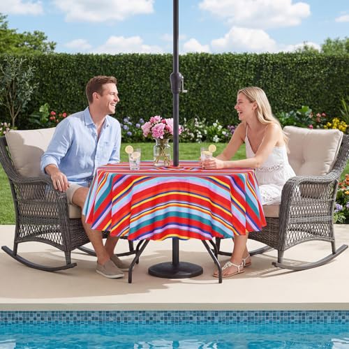 Image of Poise3EHome 60 inches Outdoor /Indoor Waterproof Spillproof Round Tablecloth with Umbrella Hole for Camping, Picnic, Christmas Tree Skirt, BBQ, Color Stripe