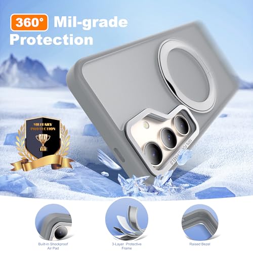 Image of Compatible with Samsung Galaxy S24 Plus Case with 360Rotatable Magnetic Ring Stand Compatible with Mag-Safe Military Protection Matte Translucent Phone Case for Galaxy S24+,Gray