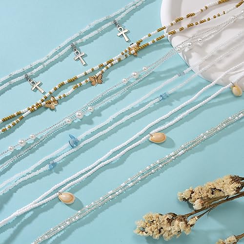 Tornito 8Pcs 31.5 Inches African Waist Bead Chain Elastic Belly Beads Butterfly Shell Layered Body Chain Colorful Jewelry Accessories for Women3