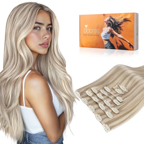 Image of DOORES Human Hair Extensions, Soft Honey Blonde Highlight Platinum Blonde 20 Inch 120g 7pcs, Clip in Hair Extensions Natural Thick Weft for Women Straight Weft Gift