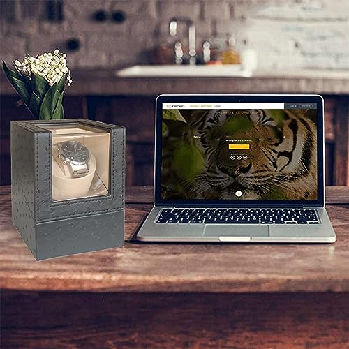 Image of Single Watch Winder for Automatic Watches, Super Quiet, in Wood Shell and Black Leather /Carbon Fiber Leather, Japanese Motor