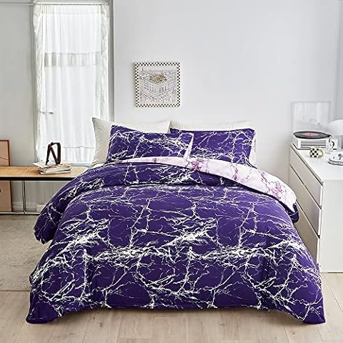 ARYURBU Marbled Bed Linen 200 x 220 cm Set of 3 Purple Marble 1 x Duvet Cover 200 x 220 cm and 2 x Pillowcases 80 x 80 cm Microfibre White Lightning Pattern for Men and Women with Zip Non-Iron Purple Cover