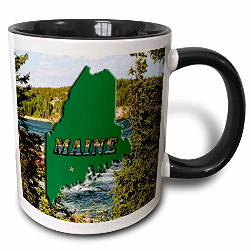 3dRose State Map, Picture Text AND Arcadia Park Lake in Maine 11oz Two-Tone Black Mug