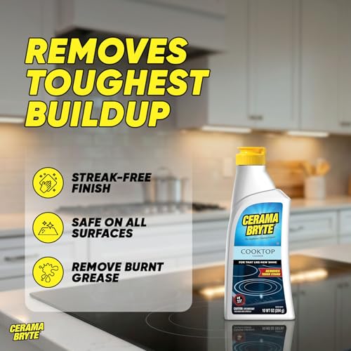 Cerama Bryte Glass Cooktop and Stove Top Cleaner Combo Kit - Includes Cleaning Tool, Razor, Scraper and 1 Pad to Remove Tough Stains - Use on Gas, Electric, Ceramic Surfaces, 10 Ounces, 4 Piece