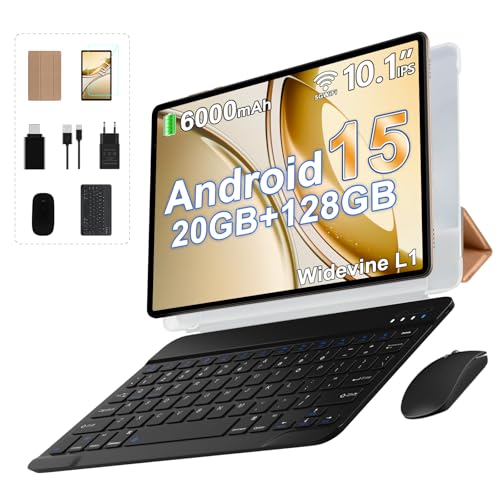 BIEGEDY Android 15 Tablet 10 Pulgadas,30GB RAM + 64GB ROM (TF 512GB), 6000mAh, Octa-Core, Widevine L1,Dual Band WiFi 6,5 MP + 8 MP,1280 * 800 Pixels,GMS,Bluetooth 5.0, Tablet con Teclado y Raton Oro