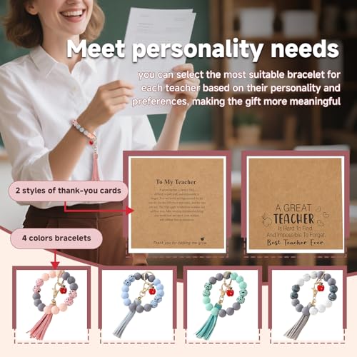 LYART 4Set Teacher Appreciation Bracelets Keychains Gifts in Bulk for Women, with Thank You Message Cards from Student, Silicone Teacher Bracelet Jewelry for Women2