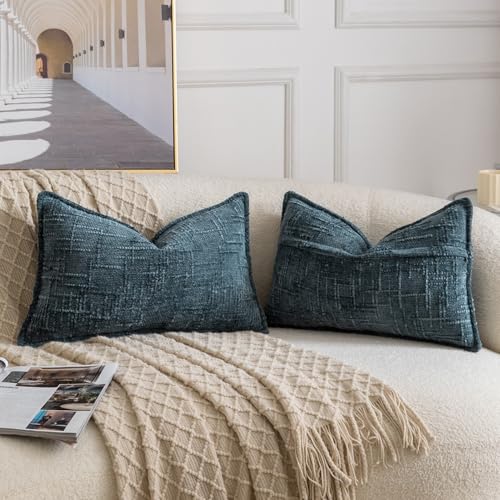 Image of MADIZZ Pack of 2 Chenille Throw Pillow Covers 12x20 Inch Grey Blue Soft Neutral Decorative Throw Pillows for Couch Sofa Boho Accent Cushion Covers Modern Farmhouse Home Decor for Bedroom Living Room