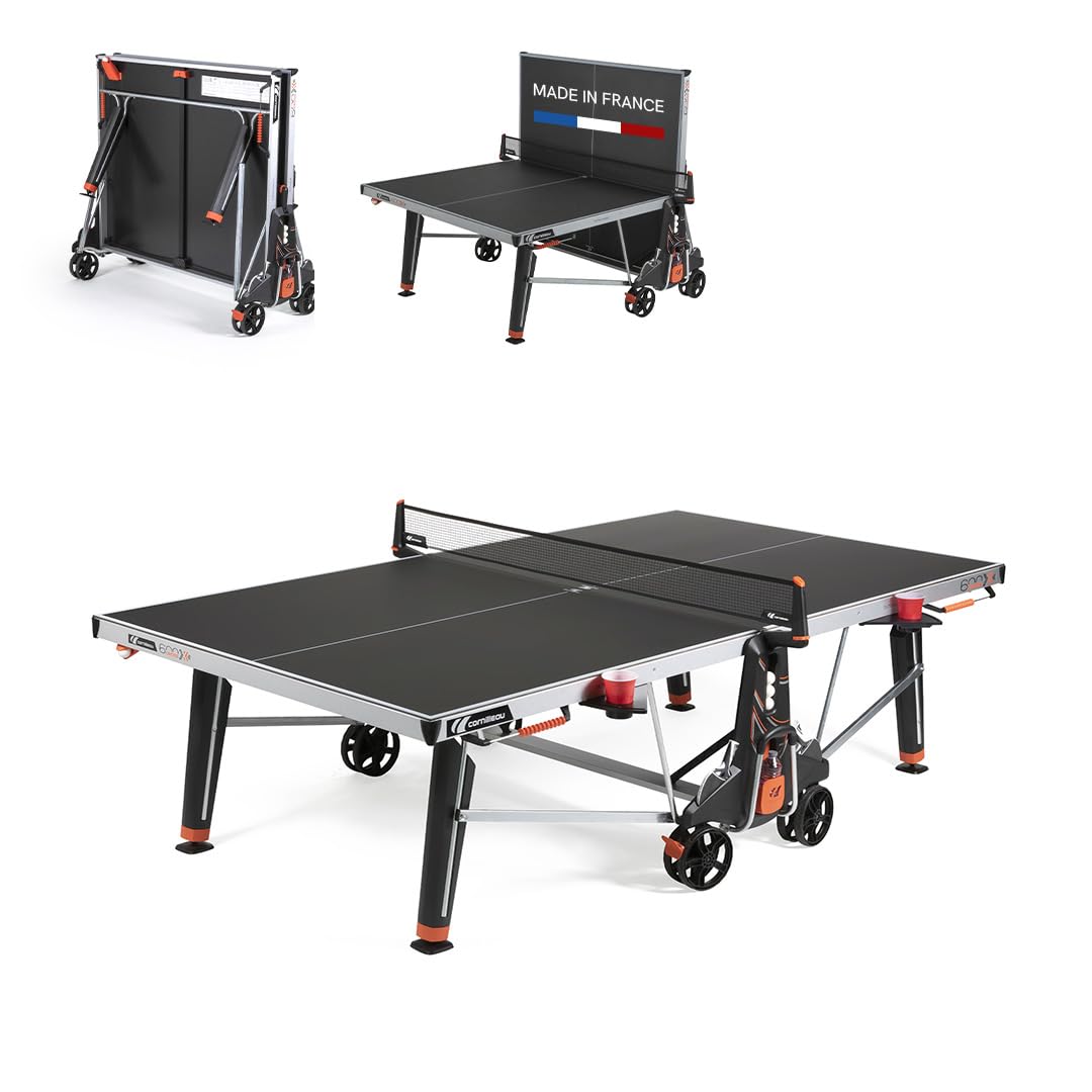 Cornilleau 600X Outdoor Table Tennis Table COMPACT TECHNOLOGY Competition-Standard Rebound, Anti-Corrosion Aluzinc Frame, Adjustable Feet, Ball Storage, Cup Holders, Point Counters & Safety Brakes