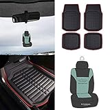 FH Group F14409 PU Leather Liners Deep Tray Car Floor Mats (Black with Red Trim) Full Set with Gift - Universal Fit for Cars Trucks & SUVs