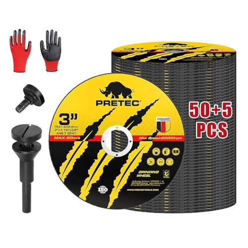 PRETEC Cut Off Wheels 55Pcs, 3 Inch Die Grinder Cut Off Wheels with 1/4 in Mounting Mandrel Kit for Die Grinder, 3/8' Arbor Hole Cutting Wheel for Metal & Stainless Steel Rotary Tool Drill Attachment
