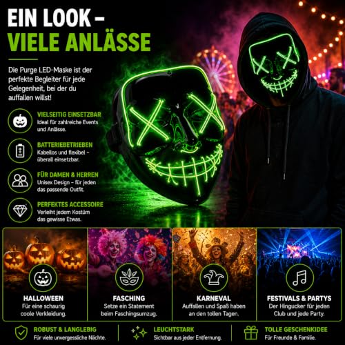 Costumed Halloween Maske Purge LED grün - Kostümmaske steuerbar für Halloween, Fasching & Karneval als Kostüm & Verkleidung für Herren &… – Ansicht 5