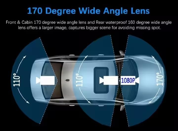 Image of CLOUDSALE WiFi 3 Lens Car Dash Camera 1080P DVR | Triple Channel DashCam Front Inside Rear | IR Night Vision | Loop Recording | 24H Parking Monitor | Car Black Box Video Recorder with Reversing Camera