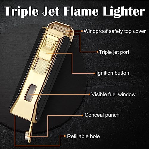 Encendedor antorcha triple llama dorado portátil miniatura 3