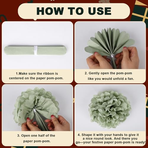Image of BestoFun 16 PCS Sage Green Party Decorations Tissue Paper Flowers Christmas Party Decors Hanging Pom Poms Decorations for Xmas New Year Winter Holiday Decorations