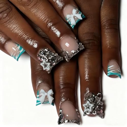 FIEONCIY Press on Nails Duck Shaped Glossy Full Cover Acrylic French False Nails with Designs Artificial Medium Duck Fake Nails with Charms Glue ons Fingernails for Women Girls(YZ19)