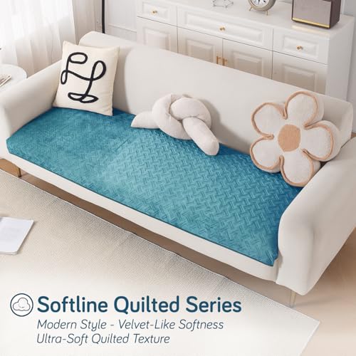 Image of HOKIPO Premium Velvety Quilted Anti-Slip Sofa Cover Mats for L-Shape & 1 /2 /3 Seater Sofa | Make Your Own Sofa Cover Set, 'Softline Quilted Series' 70(W) x 120(L) cm | Teal Blue (AR-6315-BL)