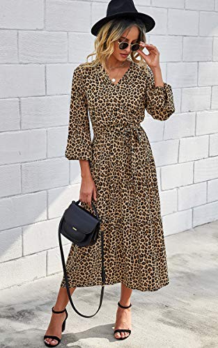 Theenkoln vestido midi feminino com estampa floral boêmio estampa de leopardo bolinhas liso gola V m