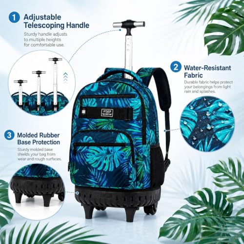 Image of 3Pcs Rolling Backpack for Boys Men, Travel Roller Backpacks with Wheels for Adults, Teens College Leaf Wheeled Bookbag with Lunch Box(Green)