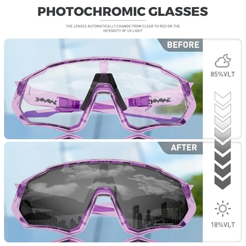 KAPVOE Photochromic Cycling Glasses For Men Women MTB BMX Clear Sports Sunglasses Running Volleyball Tennis Driving Fishing Softball Mountain Golf Hiking 62 Purple Transparent - Image 3