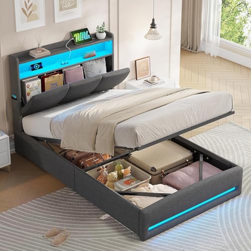 AGOLLATI Cama Individual 90x200 cm con Luz LED y Estación de Recarga, Cama Canape Hidráulica con Almacenamiento, Estructura Cama Tapizada con Cabecero Almacenador, Puertos USB y Type C, Gris Oscuro