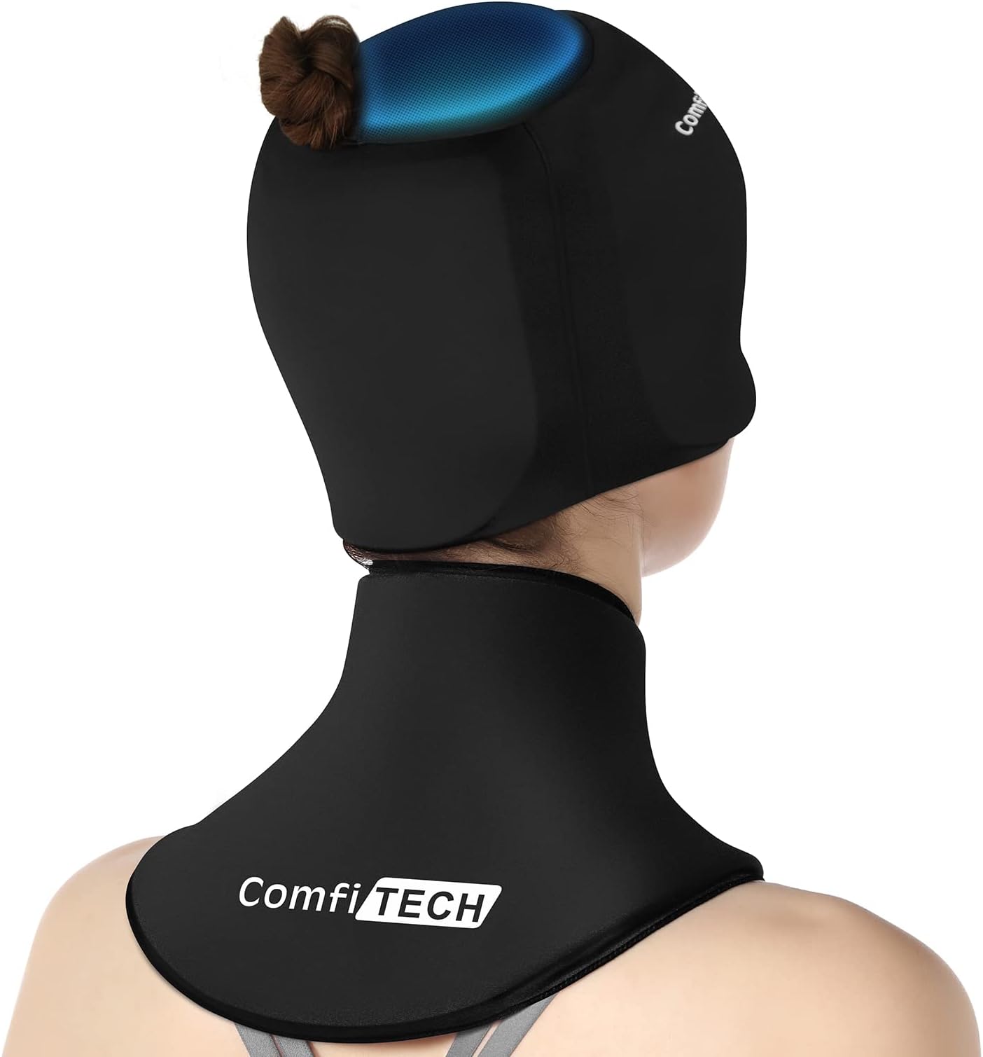 ComfiTECH Cold Cap with Top Coverage & Neck Ice Pack Wrap, Head & Cervical Cold Gel Sleeve Care Package, Black