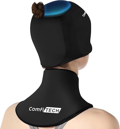 ComfiTECH Gorro de alivio de migraña con cobertura superior y gel envolvente de bolsa de hielo para el cuello, sombrero de hielo para migraña y