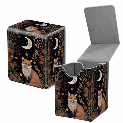 BREIDMKFM Card Deck Box for Trading Cards, MTG Commander Deck Box Fits 100+ Single Sleeved Cards, Leather Magnetic Card Storage Box for YuGiOh TCG CCG Cards, Fox Moon Trippy Animal Floral