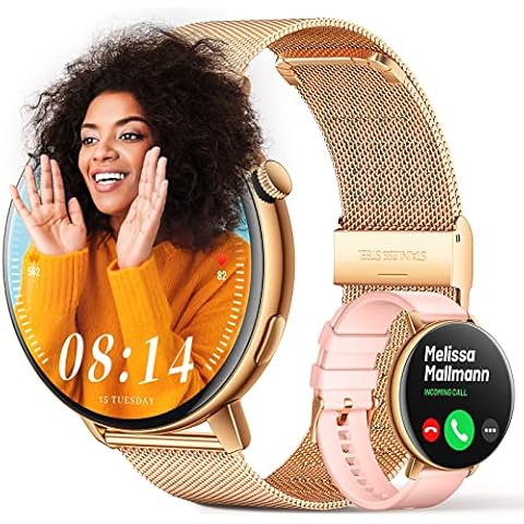 FMK Smart Watch for Woman, 1.32" Ladies Fitness Tracker with Heart Rate Monitor, Sleep Tracker, IP67 Sports Watch Make/Receive Calls Compatible for iPhone Android, Activity Tracker DIY Watch Face-Gold Cover