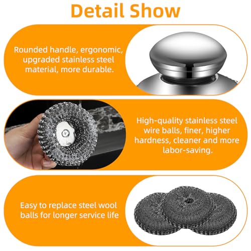 Image of 2Pcs Heavy Duty Stainless Steel Dish Brush with Handle - Kitchen Scrub Brush for Dishes, Pans, Cooktops - 3 Replacement Pads Included