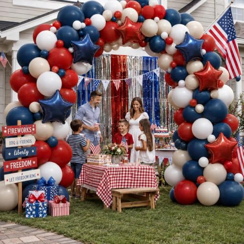 Image of Navy Blue Red Balloon Garland Double Stuffed Red White Blue Balloons Nude Cream Sand Latex Arch Kit for Patriotic Birthday Baby Shower Baseball 4th of July Graduation New Year Party Decorations