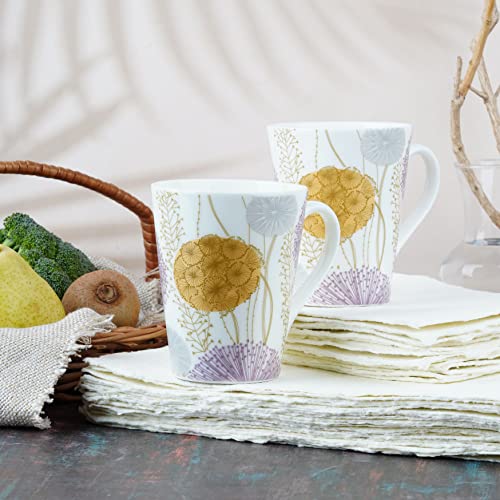Image of Dandy Lines Conical Mug with Multicoloured Flowers, Ceramic, Pack of 4, Microwave & Dishwasher Safe, Great for Home Use & Gifting