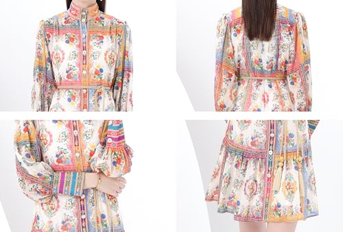 Image of LAI MENG FIVE CATS Women's Floral Print Lantern Sleeve Ruffle Casual Button Belted Thin Loose Fit Mini Dress