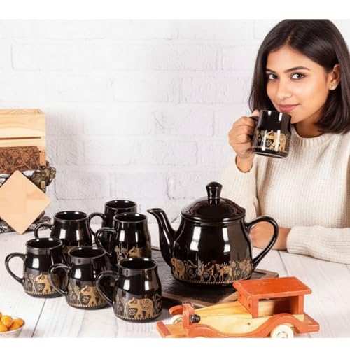 Image of Premium Ceramic Tea Set with Teapot and 6 Cups, Black with Gold Elephant Design, Traditional Indian Theme. (Black)