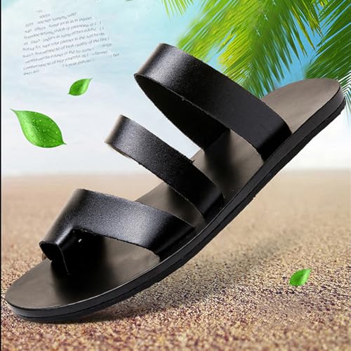 Men's Leather Strappy Toe Loop Flat Sandals,Summer Comfortable Slip-on Non-Slip Beach Flip Flop Outdoor Flat Slippers Fashion Casual Walking Shoes4