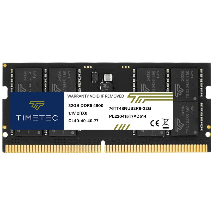 Image of Timetec 32GB DDR5 4800MHz PC5-38400 Unbuffered Non-ECC 1.1V CL40 2Rx8 Dual Rank 262Pin SODIMM Laptop Memory RAM Module Upgrade (32GB)