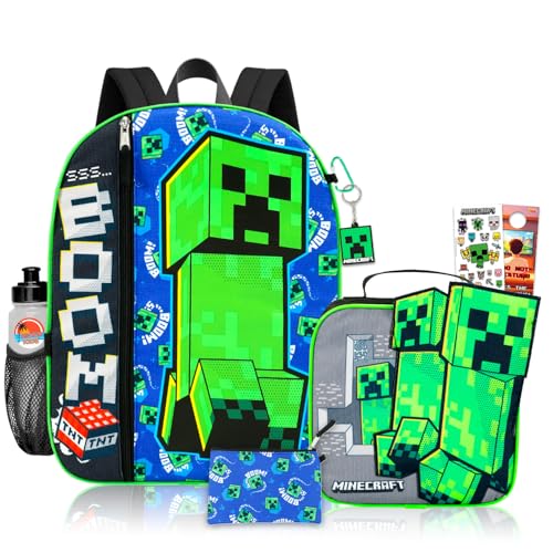 Minecraft Mochila com lancheira para meninos – Mochila de videogame Creeper de 40,6 cm, lancheira, chaveiro, porta-lápis, adesivos, garrafa de água, mais | Bolsa escolar Minecraft para crianças