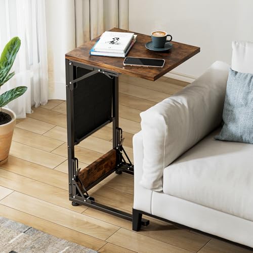 Image of Folding TV Tray Table, Small Folding Side Table with Storage Bag, Portable C Shaped End Stand for Couch Sofa Bed, Rustic Brown