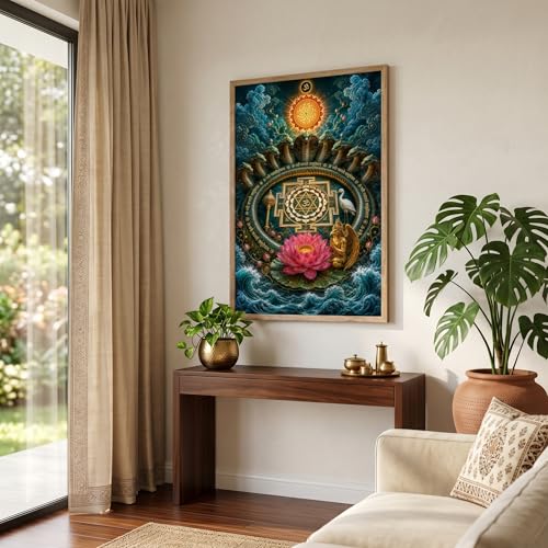 Image of Livin'luxe Sheshnag Om Shree Yantra Lotus Wall Painting for Living Room Bedroom Pooja Room Decor with Premium Wooden Color Synthetic Frame, Spiritual Hindu Art Gift (18 x 24) NL01-4085