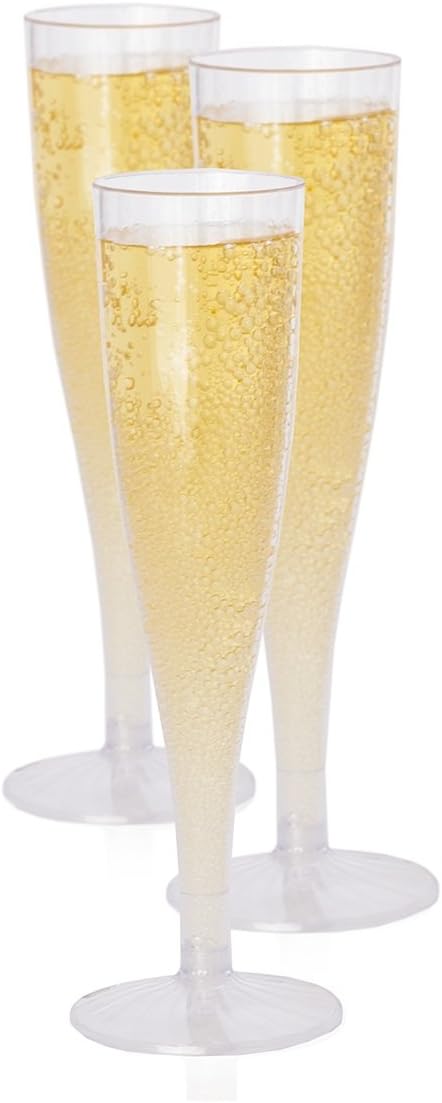 Oasis Creations Plastic Champagne Flute Glasses Set (10 Count) 4.5 Ounce - Clear Stem Cups 2 Pieces - Ideal for Birthday Party, Wedding Reception and Other Celebration