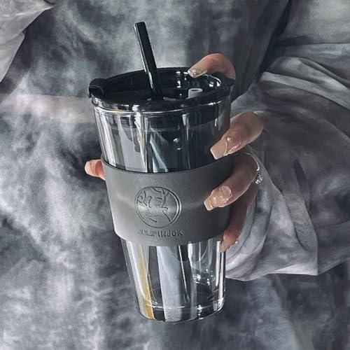 Image of Reusable Glass Coffee Sipper Mugs with Lid & Straw Pack of 1, 450ml Multipurpose Drinking Glasses Tumbler with Leather Sleeve Cup for Juice Smoothies Iced Tea Home & Travel (B Black)