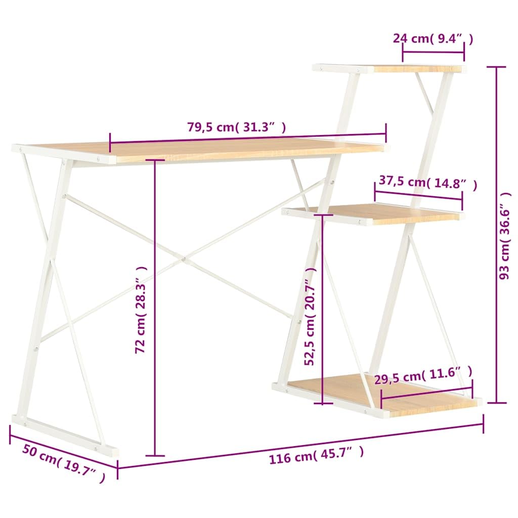Scrivania Porta PC con Libreria Rovere e Bianco 116x50x93cm | Tavolo salvaspazio per camera e ufficio con scaffali integrati, telaio a X in metallo stabile e piano in PVC.