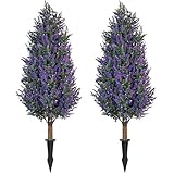 OIHYA 3FT Artificial Cedar Topiary Trees with Lavender, 2 Pack UV Resistant Evergreen Artificial Cypress Plant with Ground Spike for Outdoor, Indoor, Garden, Yard, Porch