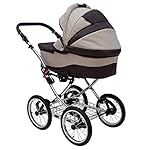 SKYLINE Klassisch Retro Stil Kombi-Kinderwagen Buggy 3in1 Reise System Autositz (Isofix) (Beige/14"Luft Bereifung)